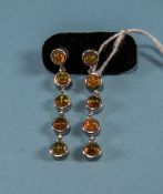 Orange Ethiopian Opal Long Drop Earrings, each earring comprising five round cut cabochons,