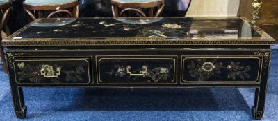 Chinese Style Black Lacquered Coffee Table Painted Chinoiserie Design Throughout,
