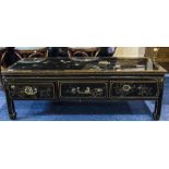 Chinese Style Black Lacquered Coffee Table Painted Chinoiserie Design Throughout,