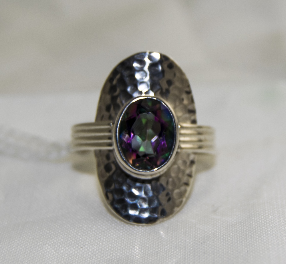 Northern Lights Mystic Topaz Ring, bezel set 2.5ct topaz, with an exotic mix of purple and green