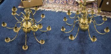 Matching Pair Of 12 Branch Brass Chandeliers
