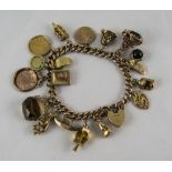 A Vintage 9ct Gold Curb Bracelet, Loaded with 18, 9ct Gold Charms +a 22ct Gold Half Sovereign.