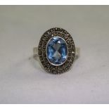 Antique Silver Filigree Set Aquamarine and Marcasite Dress Ring. c.1920's. Marked 925.