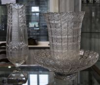 Victorian Cut Lead Glass Large Bowl And Matching Vase, Some Chips To Rim,