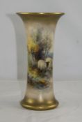 Royal Worcester Hand Painted Vase, Features Sheep - Woodland Setting with Cottage and Lake.