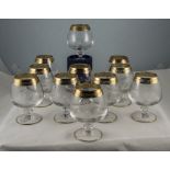 Set Of 11 Brandy Glasses, Engraved Bowls With Gilt Rim,