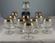 Set Of 11 Brandy Glasses, Engraved Bowls With Gilt Rim,