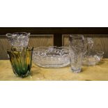 Collection Of Glass Comprising 2 Vases, A Basket And Bowl,