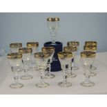 Set Of 13 Small Sherry Glasses, Engraved Bowls With Gilt Rim,