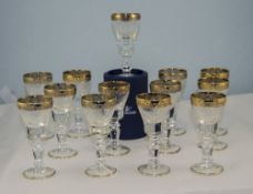 Set Of 13 Small Sherry Glasses, Engraved Bowls With Gilt Rim,