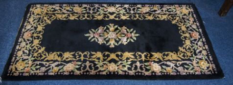 Woolen Rug, Black Ground With floral Pattern,