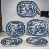 Staffordshire - Stone China 19th Century Blue Willow Pattern Large Blue and White Platters ( 5 ) In