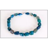 Teal Blue Agate Necklace, a strand of smooth tumbled agate beads, hand knotted on blue silk and