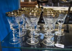 Set Of 13 Sherry Glasses, Engraved Bowls With Gilt Rim, Height 6.
