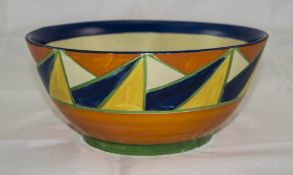 Clarice Cliff Geometric Pattern Bowl, a deep band of dark blue, sunshine yellow,