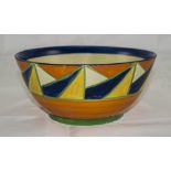 Clarice Cliff Geometric Pattern Bowl, a deep band of dark blue, sunshine yellow,