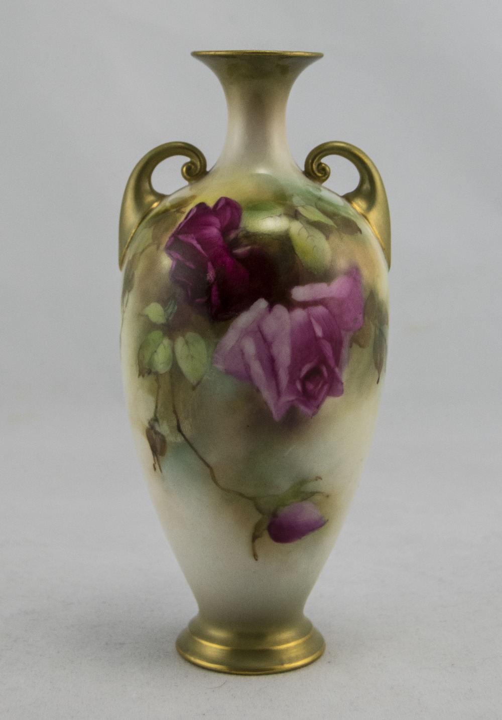 Royal Worcester Hand Painted Two Handle Vase Stillife ' Roses '. c.1912. Shape 287, Stands 6.