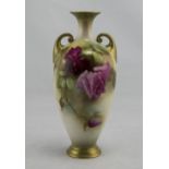 Royal Worcester Hand Painted Two Handle Vase Stillife ' Roses '. c.1912. Shape 287, Stands 6.