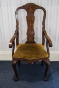 19thC Walnut Continental Carver Chair, Shaped Back And Splat Inlaid With Acanthus Scroll And