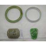 Two Various Jade Bangles plus a belt ornament and pendant,