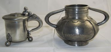 Norwegian Arts And Crafts Pewter Twin Handled Vase Planished Body With Strapwork Together With A