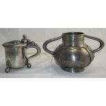 Norwegian Arts And Crafts Pewter Twin Handled Vase Planished Body With Strapwork Together With A