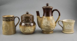 Doulton Lambeth Salt Glazed Stoneware Items, All With Applied Decoration ( 4 ) In Total. Comprises