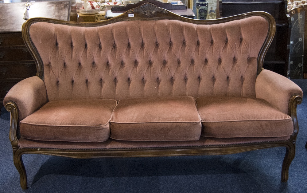 Italian 19thC Style Camel Back Sofa, Pink Upholstered Button Back With Cushion Seats. Wooden Frame.