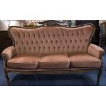 Italian 19thC Style Camel Back Sofa, Pink Upholstered Button Back With Cushion Seats. Wooden Frame.