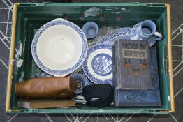 Crate Containing A Mixed Collection of Collectables and Oddments comprising blue and white plates,