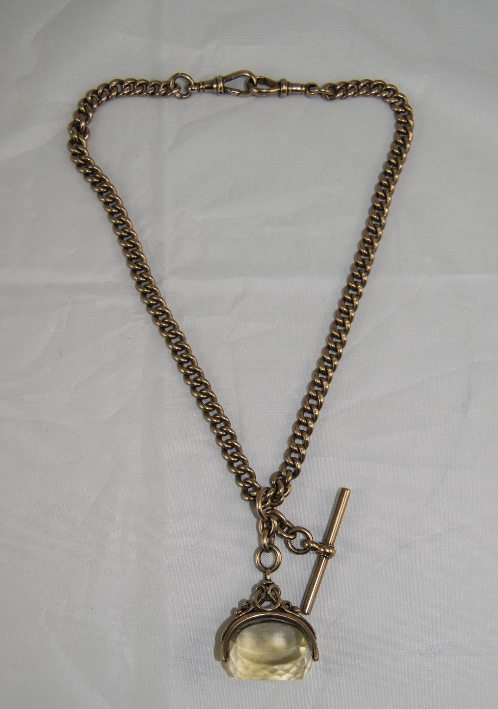 Victorian - 9ct Gold Very Fine Double Albert Chain with Attached 9ct Gold Citrine Set Swivel Fob