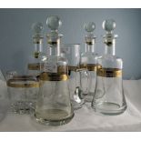 4 Glass Decanters, Engraved Decoration With Gilt Band,