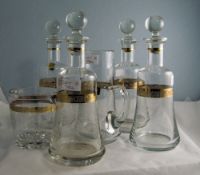 4 Glass Decanters, Engraved Decoration With Gilt Band,