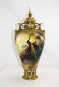 Royal Worcester Fine and Impressive Hand Painted Twin Handle Tall Vase and Cover ' Pheasants In a