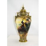 Royal Worcester Fine and Impressive Hand Painted Twin Handle Tall Vase and Cover ' Pheasants In a