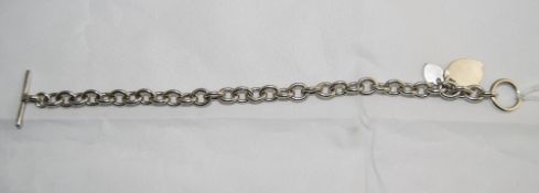 Silver Curb Bracelet with Attached Heart Shaped Tags, Toggle Clasp. Marked Silver.