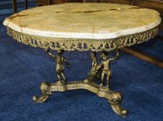 Onyx Topped Coffee Table Of Shaped Form, Brass Frieze And Figural Supports, Height 17 Inches,