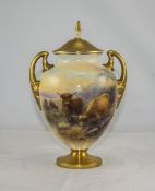 Royal Worcester Hand Painted Two Handle Vase and Cover ' Highland Cattle ' Signed Harry Stinton