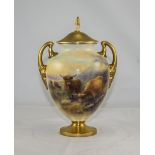 Royal Worcester Hand Painted Two Handle Vase and Cover ' Highland Cattle ' Signed Harry Stinton