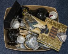 2 Small Boxes Containing A Quantity Of Pottery And Glass To Include Figures, Bowls, Oriental Etc.