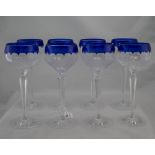 Set Of 8 Crystal Glasses With Colbalt Blue Rim, Height 8.