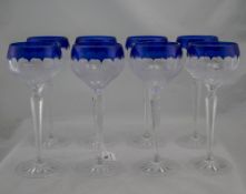 Set Of 8 Crystal Glasses With Colbalt Blue Rim, Height 8.