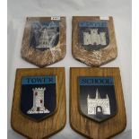 4 Shield Shaped Wall Plaques Depicting Abbey, Castle, Tower And School,