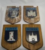 4 Shield Shaped Wall Plaques Depicting Abbey, Castle, Tower And School,