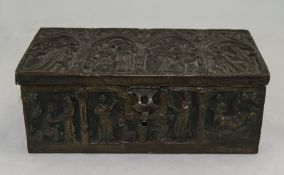 Early 20thC Gothic Style Cigar Box/Casket, The Hinged Cover And Sides With Embossed Figures,