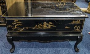 Chinese Style Black Lacquered TV Stand/Coffee Table Fall Front In Chinoiserie Decoration With