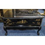 Chinese Style Black Lacquered TV Stand/Coffee Table Fall Front In Chinoiserie Decoration With