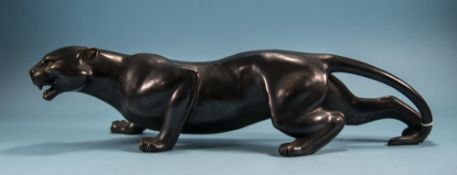 20thC Bronze Cased Figure Of A Black Panther In A Pouncing Pose, Length 22 Inches,