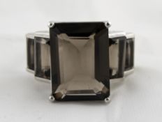 Smoky Quartz Graduated Octagon Cut Ring, the large, prong set, central, octagon cut smoky quartz