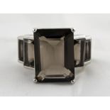 Smoky Quartz Graduated Octagon Cut Ring, the large, prong set, central, octagon cut smoky quartz